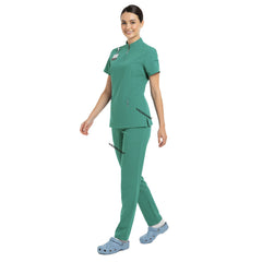 Full body display of Turquoise Vicogard scrubs, ideal outfit for dentists and assistants