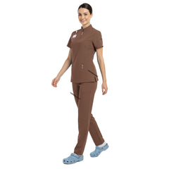 Full body display of Coffee Vicogard scrubs, ideal earth tone outfit for nurses