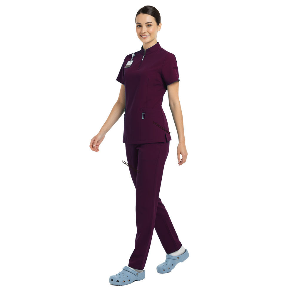 Full body display of Wine Vicogard scrubs, ideal outfit for medical admins and seniors