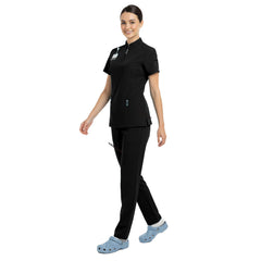 Full body display of Black Vicogard scrubs, professional attire for estheticians and nurses