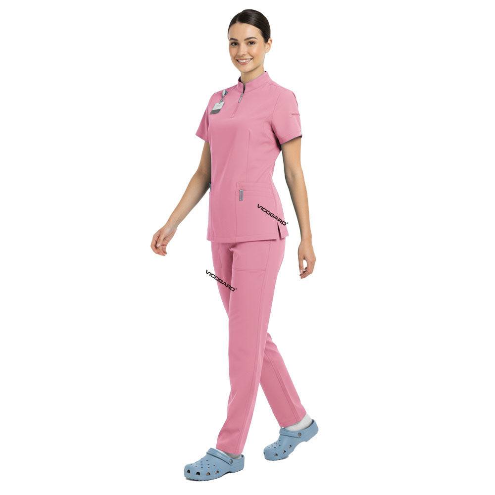 Full body display of Pink Vicogard scrubs, professional attire for nurses and pediatricians