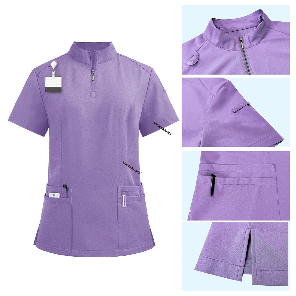 Detail of Lavender scrub top with zipper stand collar and shoulder ID loop