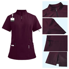 Detail of Wine scrub top with zipper neck and shoulder badge loop