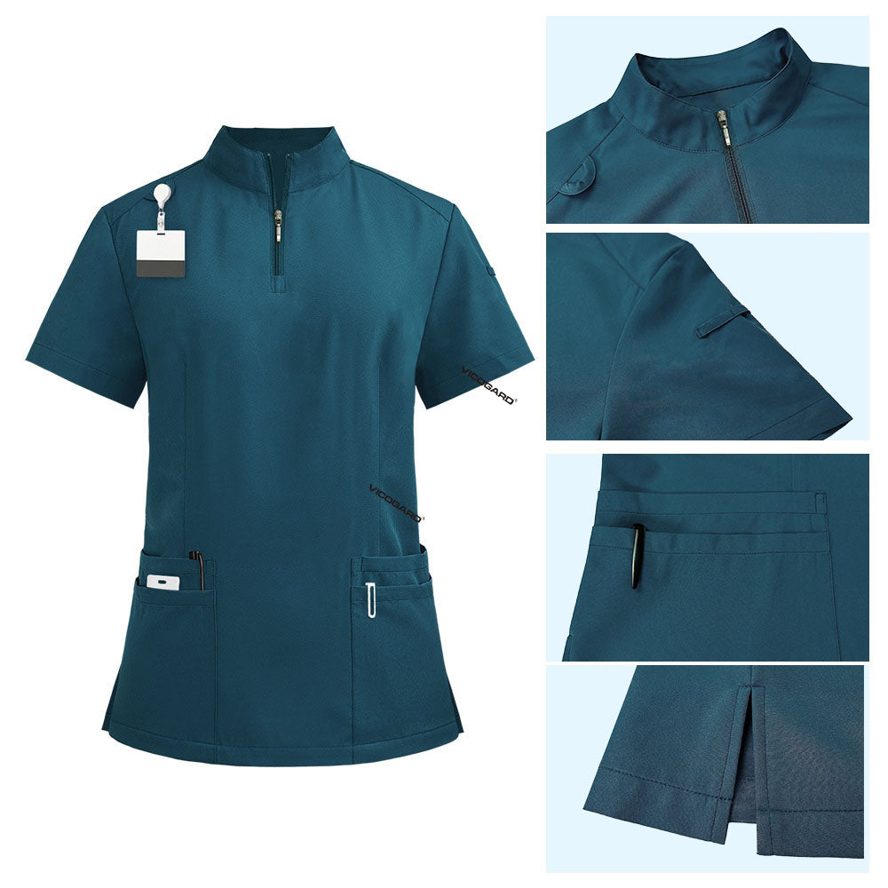Detail of Caribbean Blue scrub top with zipper stand collar and badge loop
