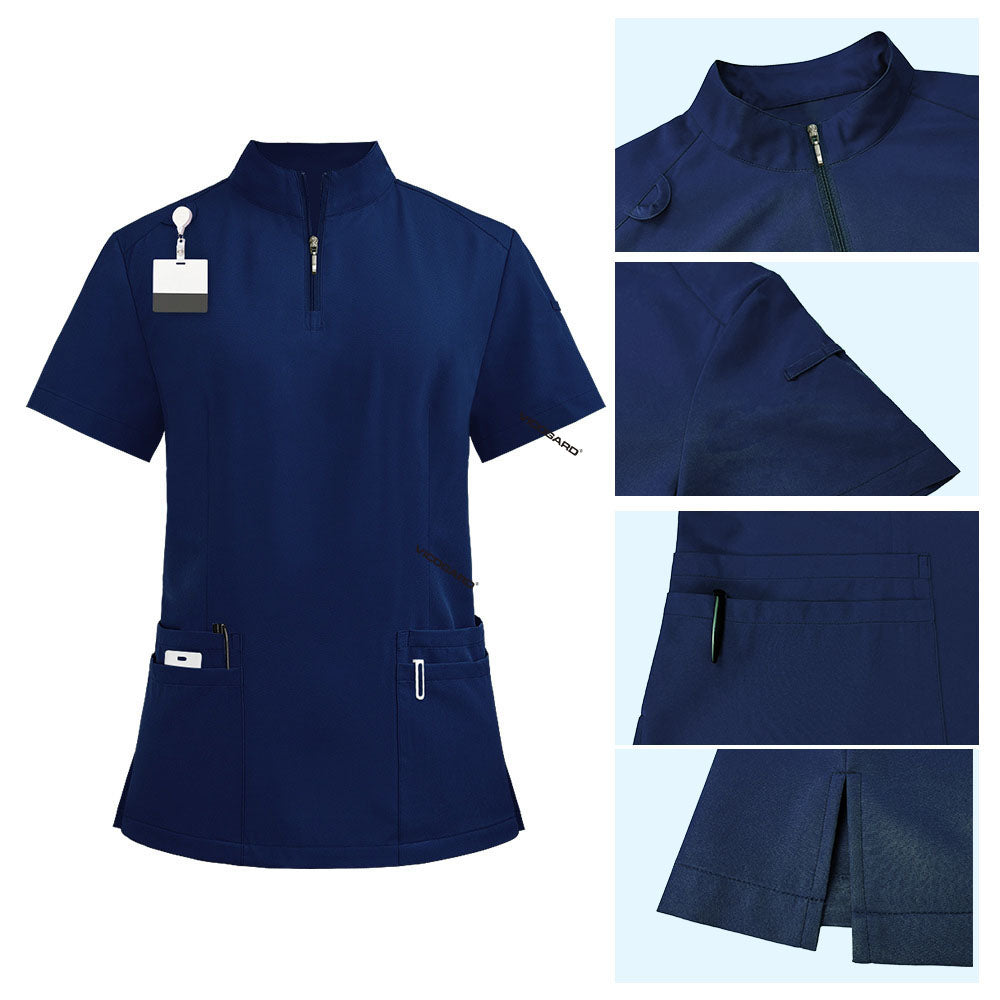 Detail of Galaxy Blue scrub top with zipper neck and shoulder badge loop