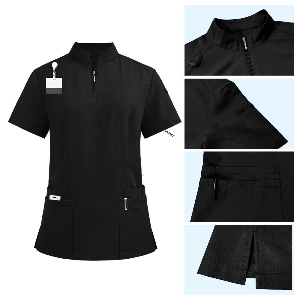 Detail of Black scrub top featuring half-zip neckline, shoulder badge loop, and chest pockets