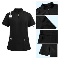 Detail of Black scrub top featuring half-zip neckline, shoulder badge loop, and chest pockets