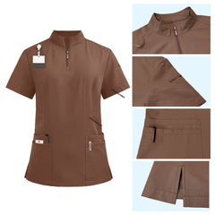 Detail of Coffee scrub top with zipper neck and shoulder badge loop