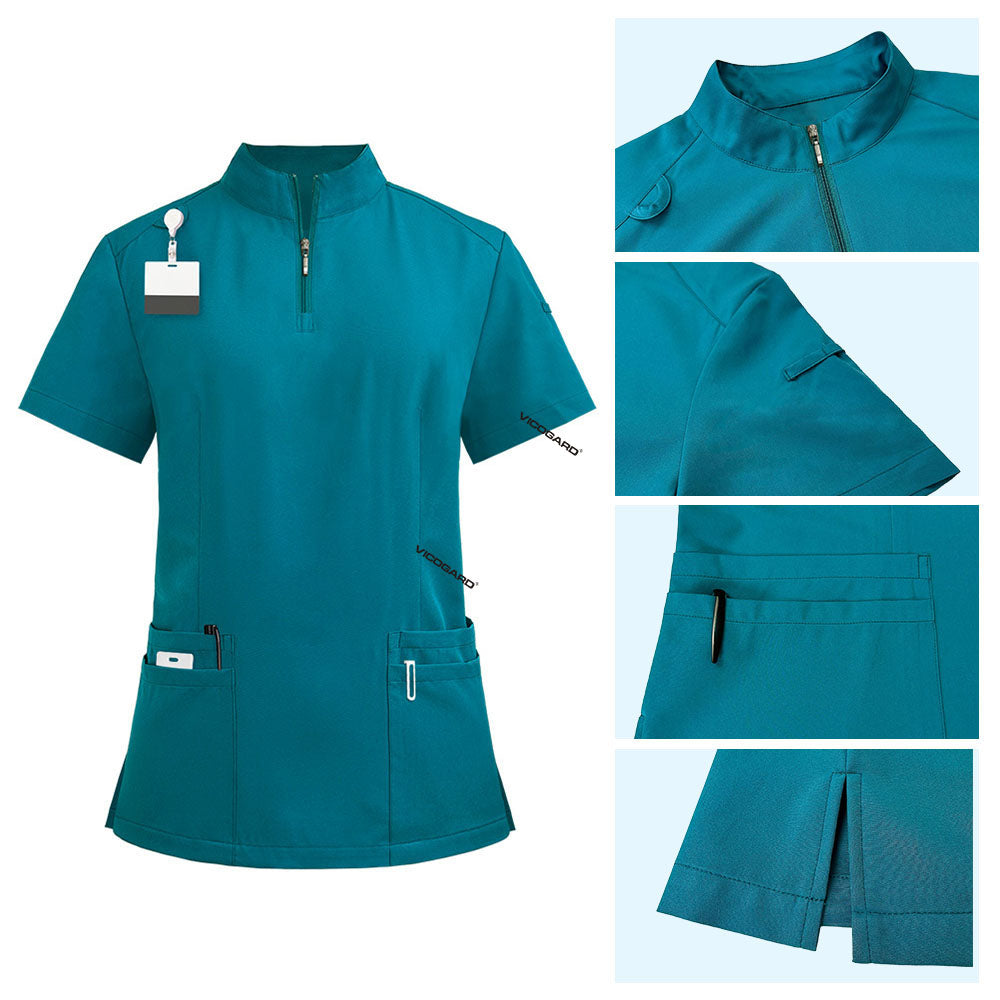 Detail of Teal scrub top with functional zipper neck and shoulder ID loop
