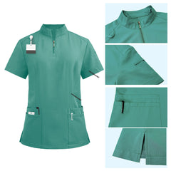 Detail of Turquoise scrub top with zipper neck and shoulder badge loop