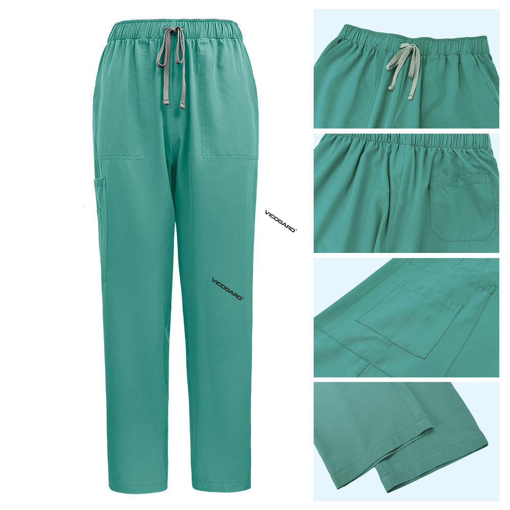Detail of Turquoise scrub pants featuring reinforced stitching and double leg pockets