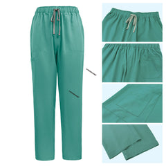Detail of Turquoise scrub pants featuring reinforced stitching and double leg pockets
