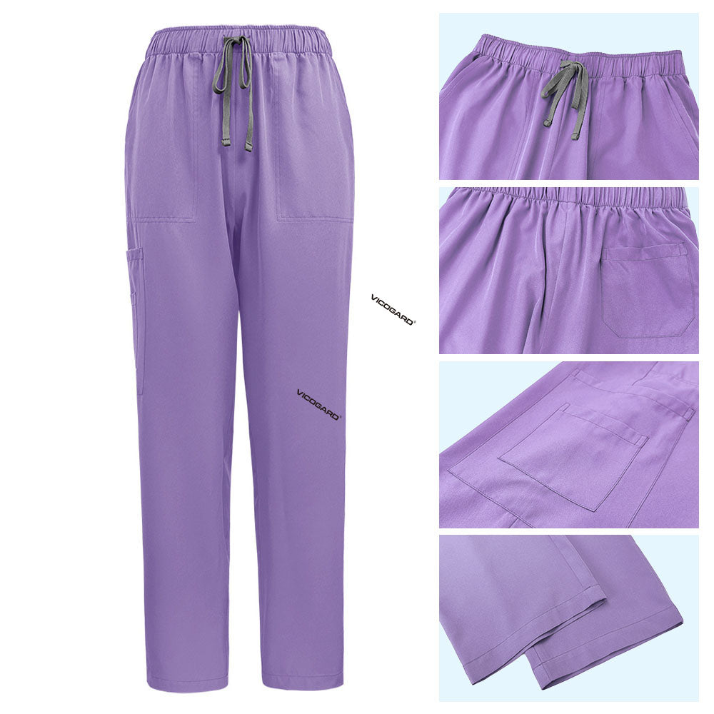 Detail of Lavender scrub pants featuring reinforced stitching and double leg pockets