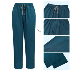 Detail of Caribbean Blue scrub pants featuring reinforced stitching and leg pockets