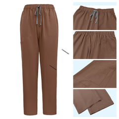 Detail of Coffee scrub pants featuring reinforced stitching and double leg pockets