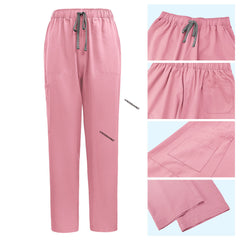 Detail of Pink scrub pants showing double cargo pockets and reinforced stitching