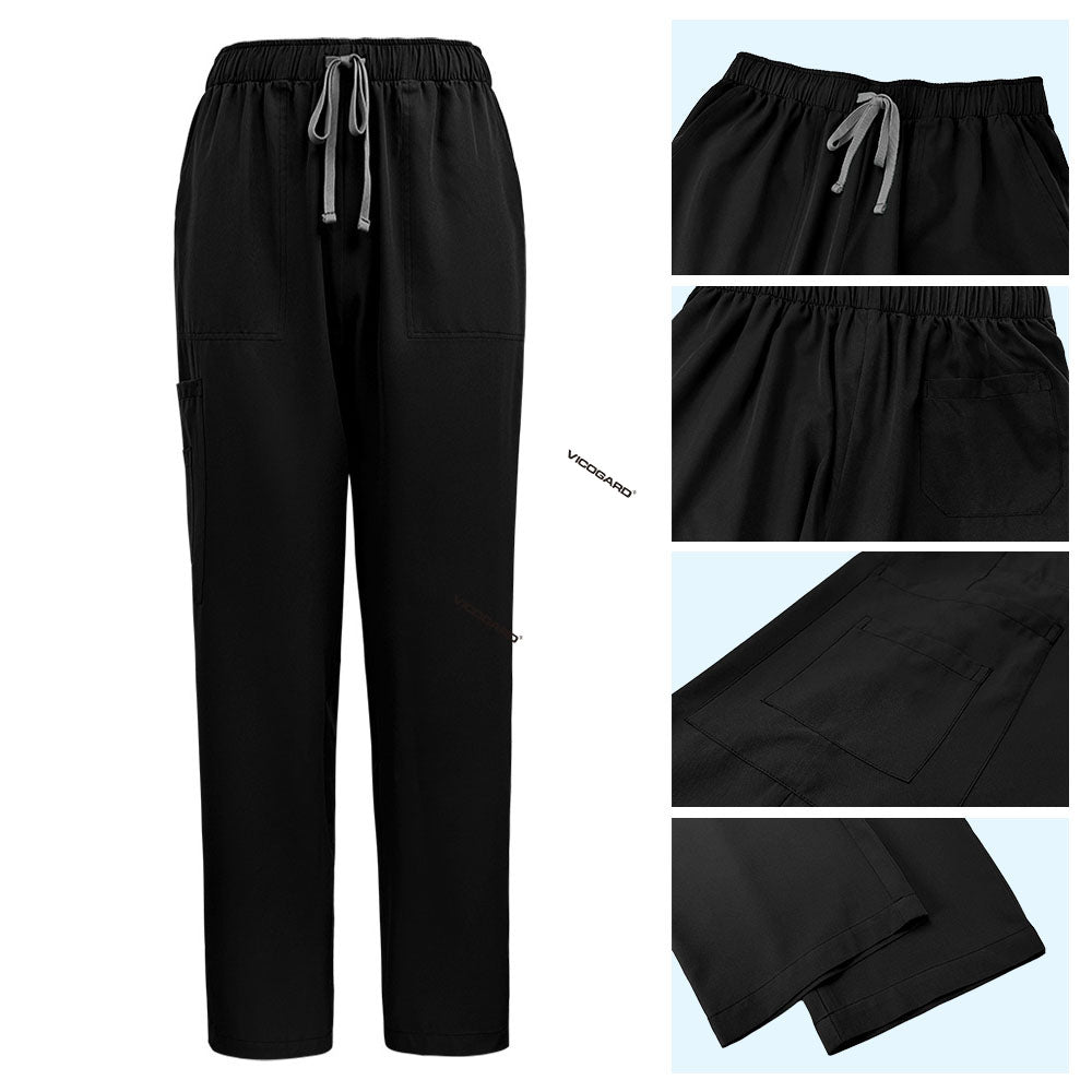 Detail of Black scrub pants showing double cargo pockets and reinforced stitching