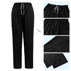 Detail of Black scrub pants showing double cargo pockets and reinforced stitching