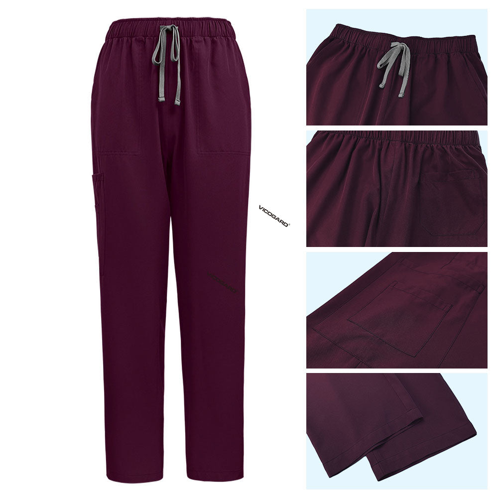 Detail of Wine scrub pants featuring reinforced stitching and double leg pockets