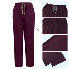 Detail of Wine scrub pants featuring reinforced stitching and double leg pockets